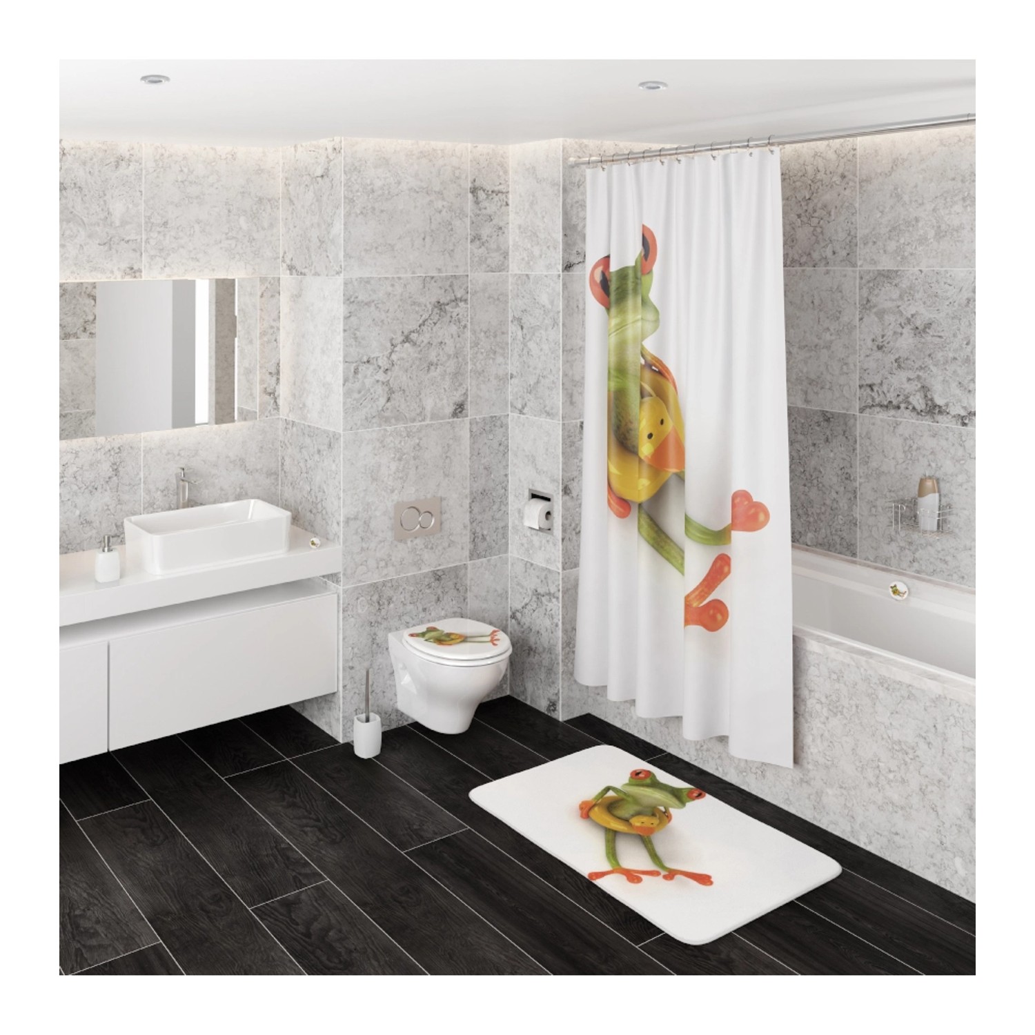 Badezimmer mit Sanilo WC-Sitz Froggy, passender Badematte und Duschvorhang mit Froschmotiv.