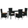 Schwarze 5-tlg. vidaXL Garten Essgruppe aus Polyrattan mit Tisch und Stühlen inklusive Kissen.
