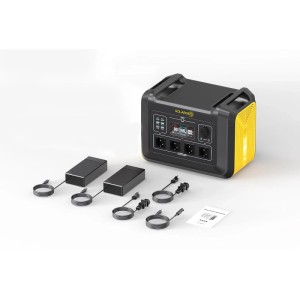 Vente-unique Elecfull Batterie, schwarz-gelb, mit Kabeln und Adaptern auf weißem Grund. Tragbare Powerstation.