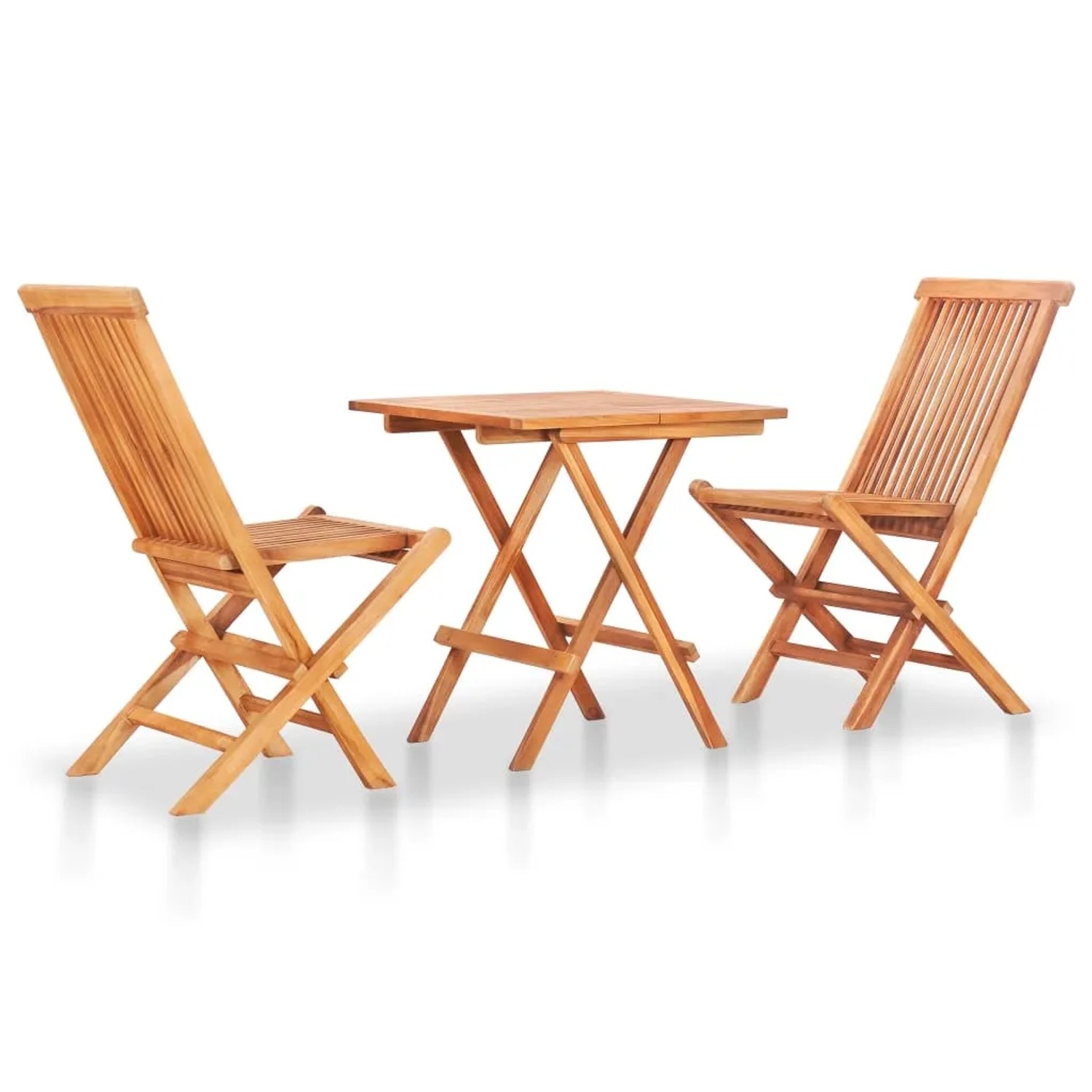 3-teiliges Bistro-Set aus Teakholz mit grau karierten Kissen für Garten, Terrasse oder Balkon.
