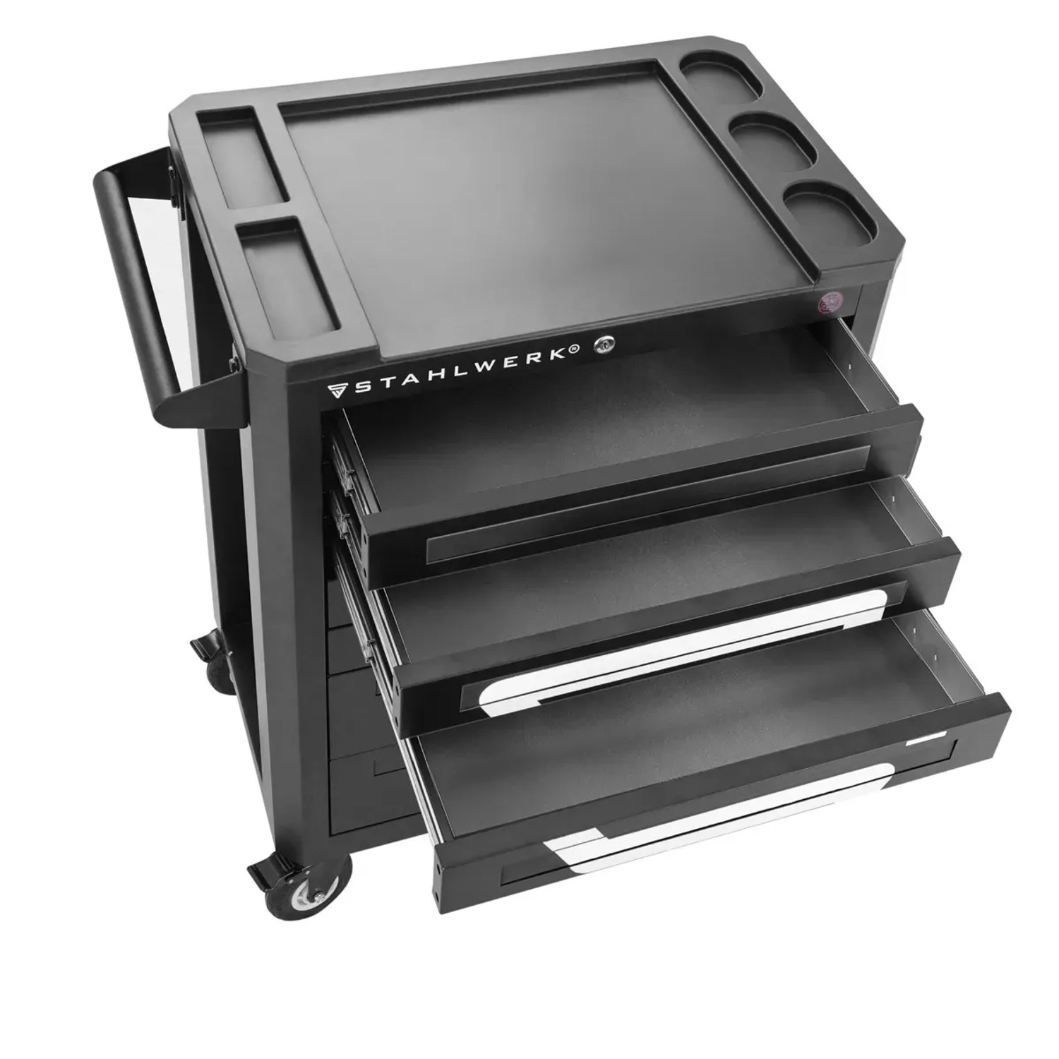 STAHLWERK Werkzeugwagen mit Schubladen, Ablageflächen und Rollen für Werkstattbedarf.