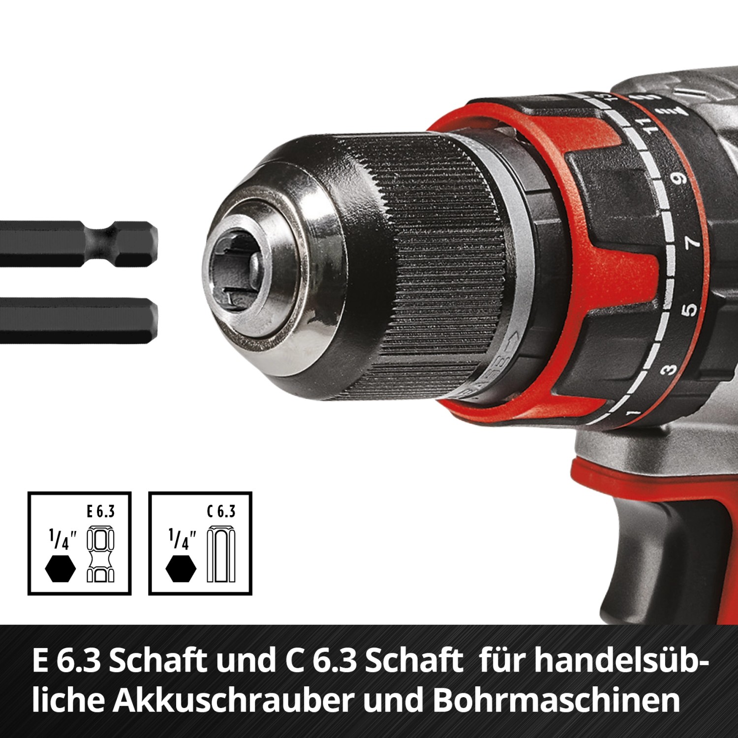 Einhell Bit-Set: Detailaufnahme von Bohrfutter mit Bits für Akkuschrauber und Bohrmaschinen.