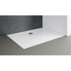 Rechteckige, extraflache Schulte Duschwanne 90x80 cm in Alpinweiß, bodeneben montiert.