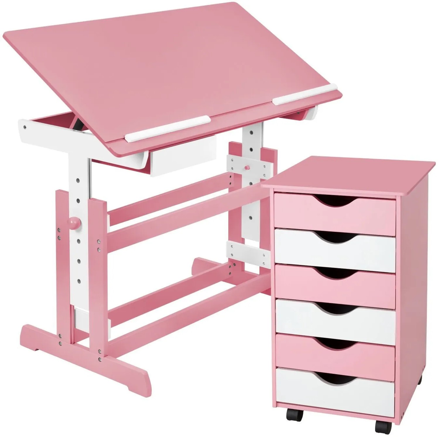 Tectake Schreibtisch  und Rollcontainer Mit 6 Schubladen Aus Holz  109 x 55 x 94 cm Rosa