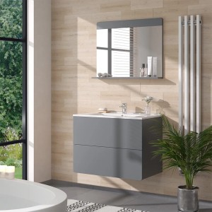 Graues Vicco Badmöbel-Set Izan mit Waschbecken, Spiegel und Unterschrank im Badezimmer.