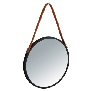 Wandspiegel Borrone von Wenko, Ø 30 cm, schwarz-braun mit Kunstleder-Aufhängung.