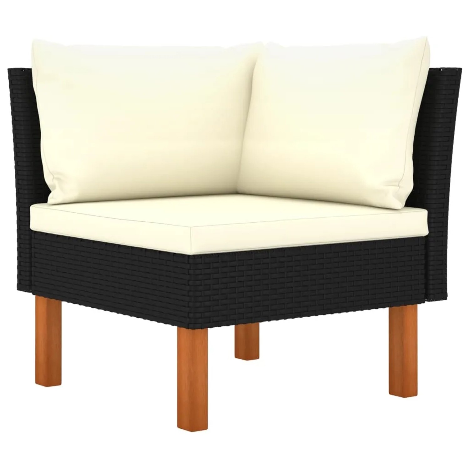 Schwarzes Rattan Ecksofa mit cremeweißen Kissen, Teil des vidaXL Garten-Lounge-Sets.