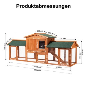Wiltec XXL Hasenstall Freilaufgehege: Holz-Kleintierstall mit grünem Dach, Drahtgitter und detaillierten Abmessungen.