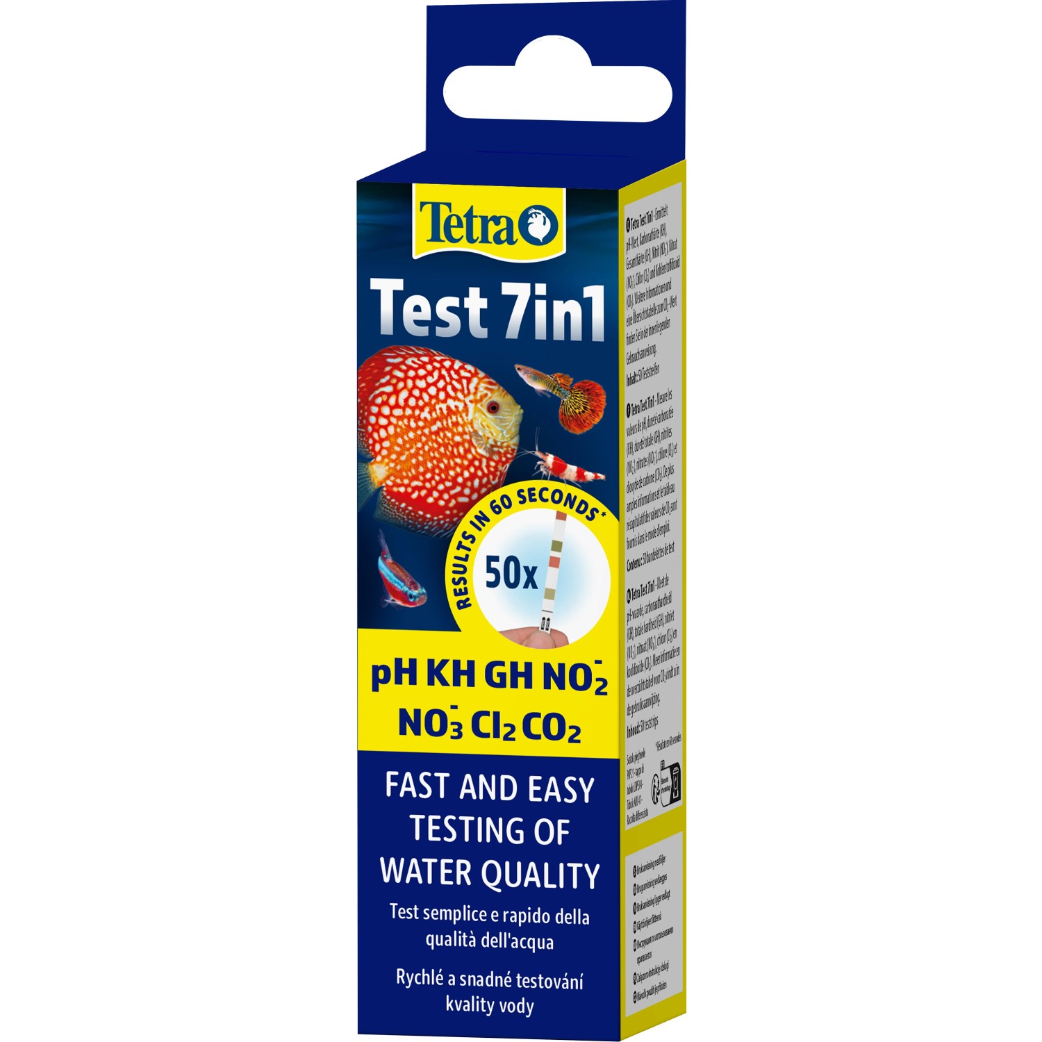 Tetra Aquarium Wassertester 7-in-1, 50 Teststreifen zur Analyse von pH-Wert, GH, KH, NO2, NO3, Chlor und CO2.