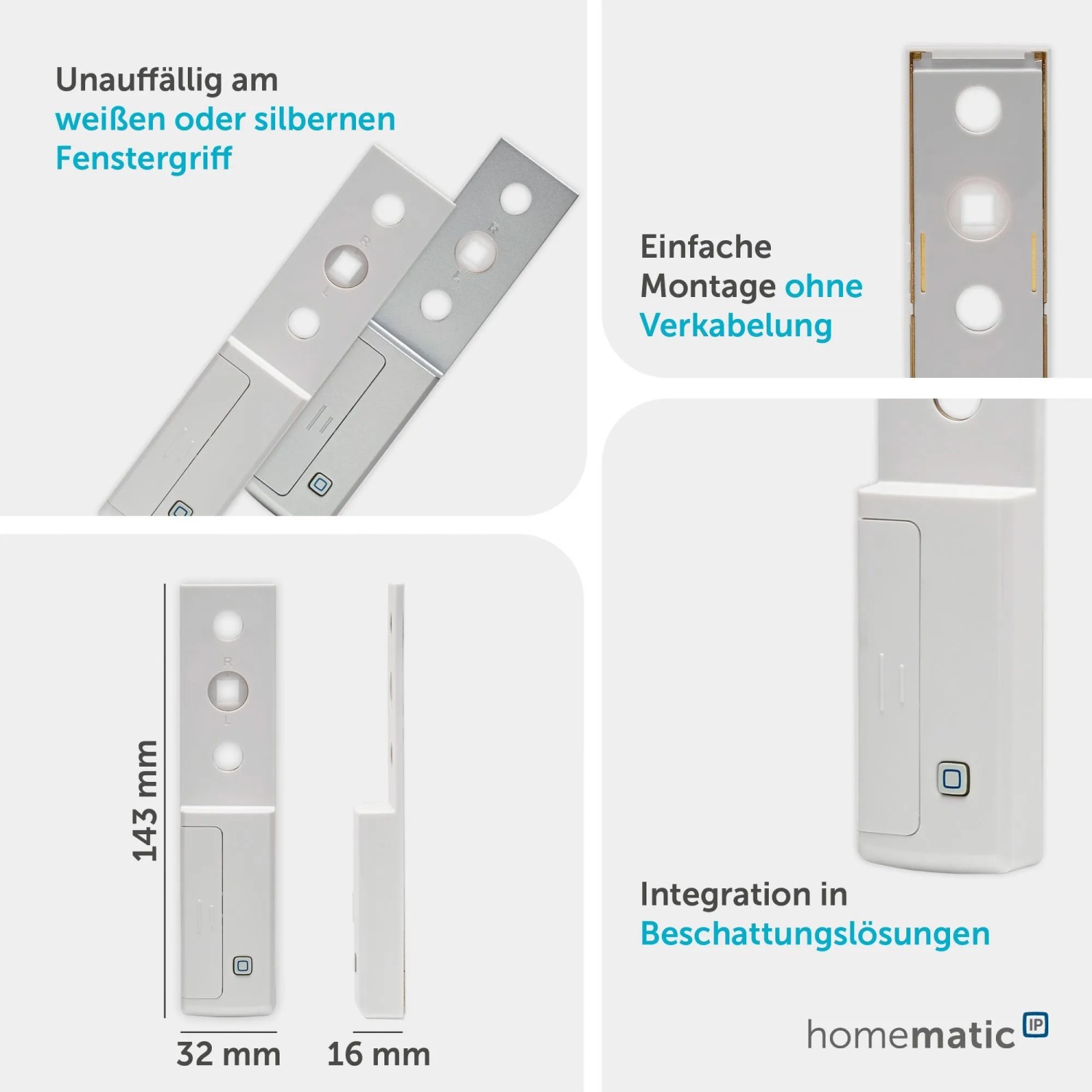 HmIP Fenstergriffsensor: Weißer Sensor zur Erkennung der Fensterposition für Hausautomation.