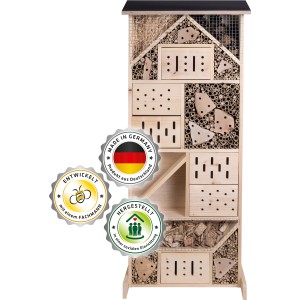 Großes Gardigo Insektenhotel XXXL aus Holz mit verschiedenen Füllmaterialien als Nist- und Überwinterungshilfe.
