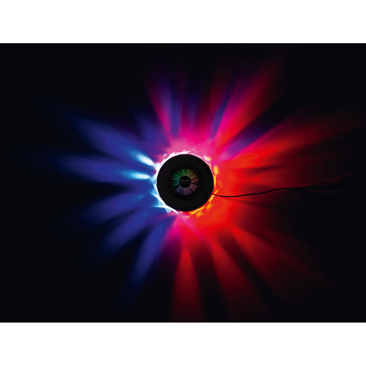 Easymaxx LED-Lichtrad Galaxy Wandlampe mit spektakulären Lichteffekten in Rot und Blau.