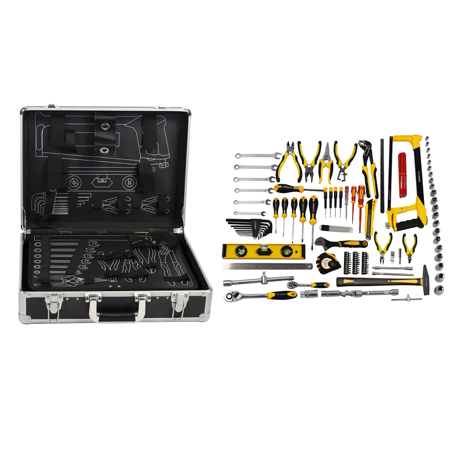 TECH-CRAFT Werkzeugkoffer, 130-teilig, mit Werkzeugen wie Hammer, Schraubendreher, Zangen und Säge.