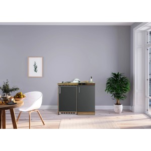 Respekta Miniküche MK100ESG, 100 cm, Grau-Eiche Dekor mit Kühlschrank und 2 Kochplatten
