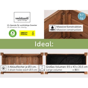 Detailansicht needs&wants Hochbeet Growy3: Holz, Details zu Konstruktion, Volumen und Ablauflöchern.