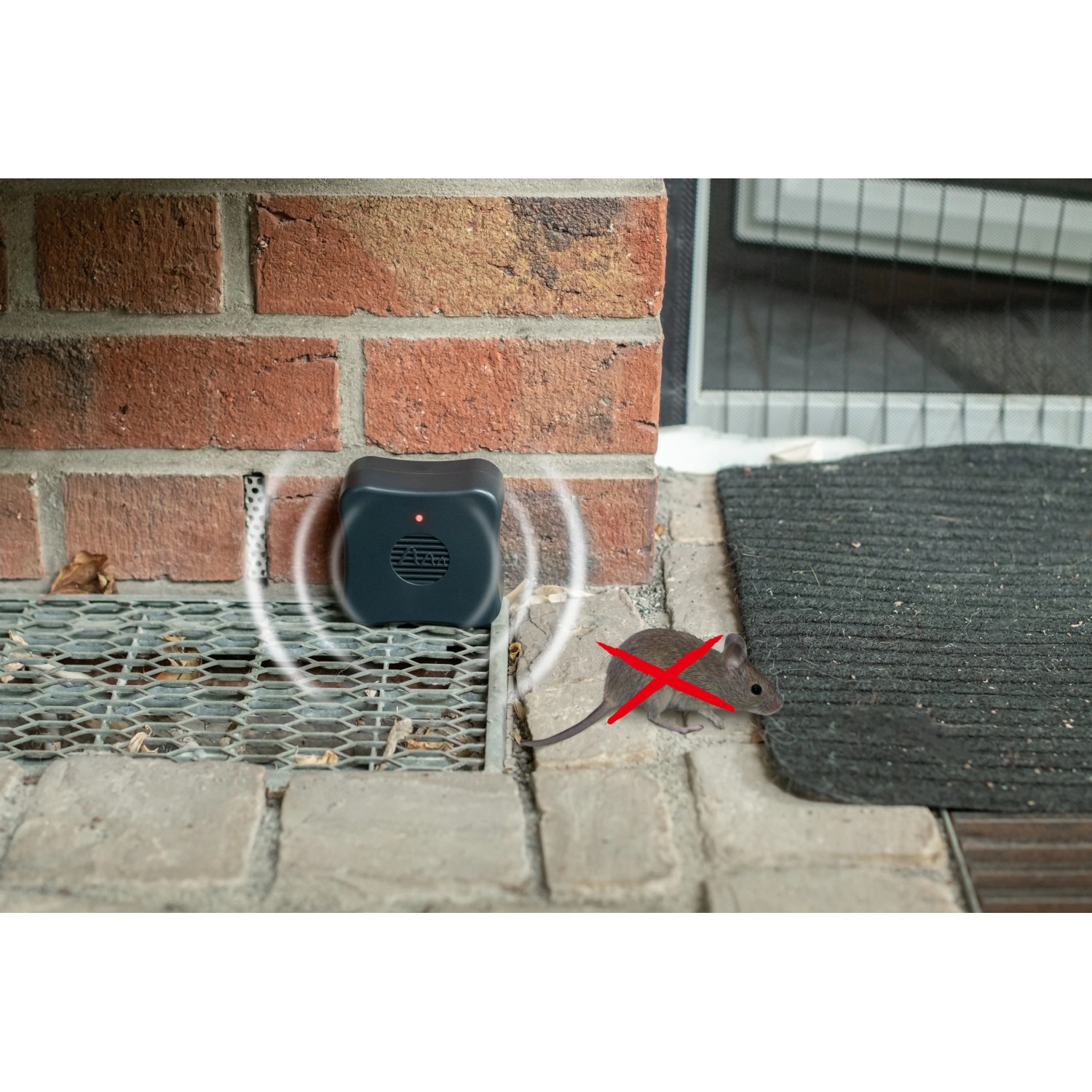 Gardigo Mäuse-Feind Mobil: Ultraschallgerät zur Mäuseabwehr, mit rotem X überlagerter Maus.