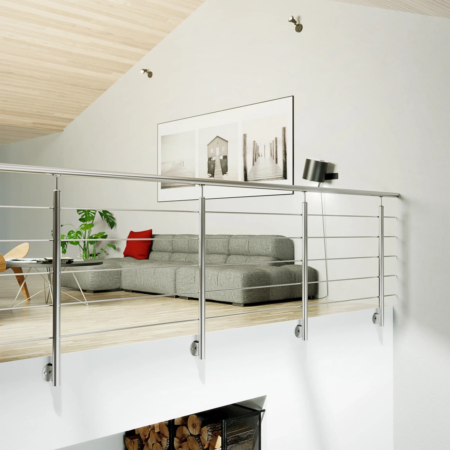 Modernes Edelstahl Geländer-Set (150 cm) zur Wandmontage im Wohnraum.