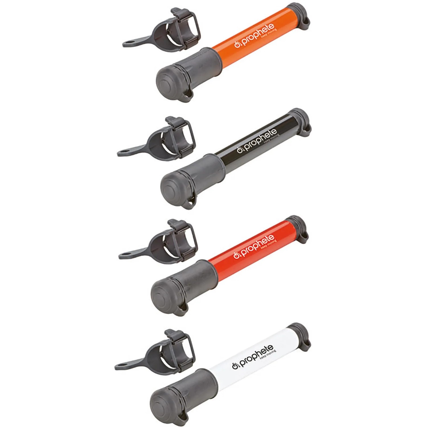 Prophete Mini-Luftpumpe in verschiedenen Farben mit Halterung für Fahrradreifen.