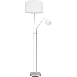 Moderne Globo Stehlampe Ava, 2-flammig, Nickel matt mit Textilschirm, 175cm hoch.