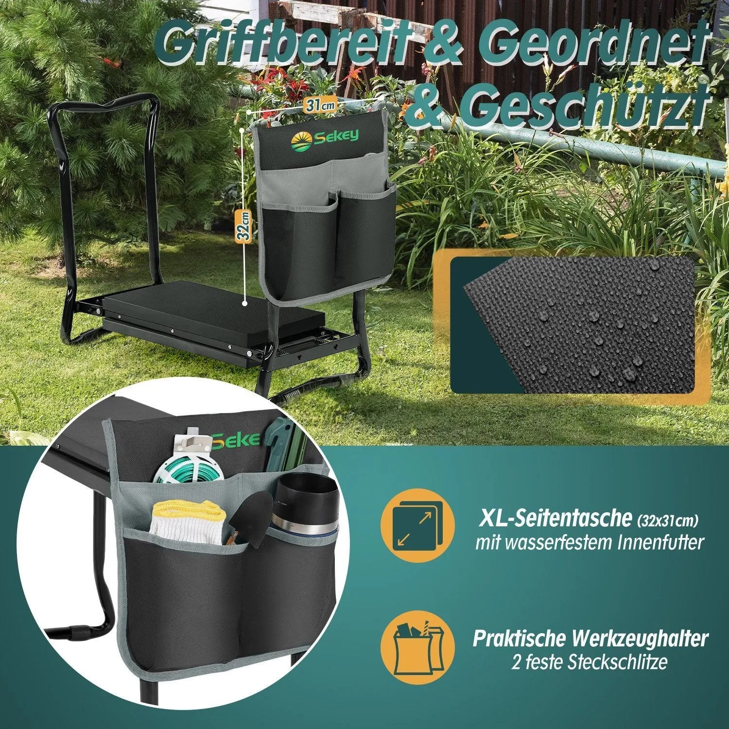 Sekey Kniebank 2 in 1, klappbar, mit gepolstertem Sitz und praktischer Werkzeugtasche für Gartenarbeit. Auch als Gartenhocker nutzbar.