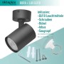 Schwarzer, dimmbarer Oktaplex Bora LED Deckenstrahler mit GU10 Leuchtmittel und Zubehör.