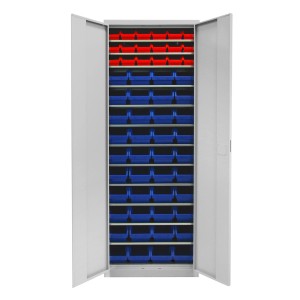 PROREGAL Flügeltürenschrank Owl, lichtgrau, mit 12 Fachböden und 58 Sichtlagerkästen (blau/rot).