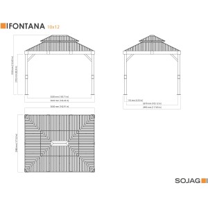 Technische Zeichnung Sojag Pavillon Fontana 289x363 cm mit Maßen.