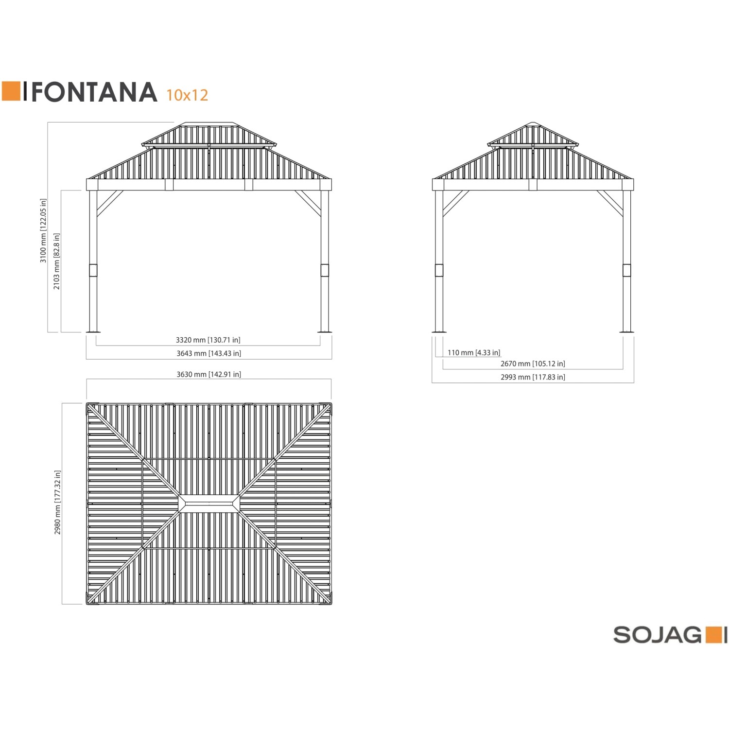 Technische Zeichnung Sojag Pavillon Fontana 289x363 cm mit Maßen.