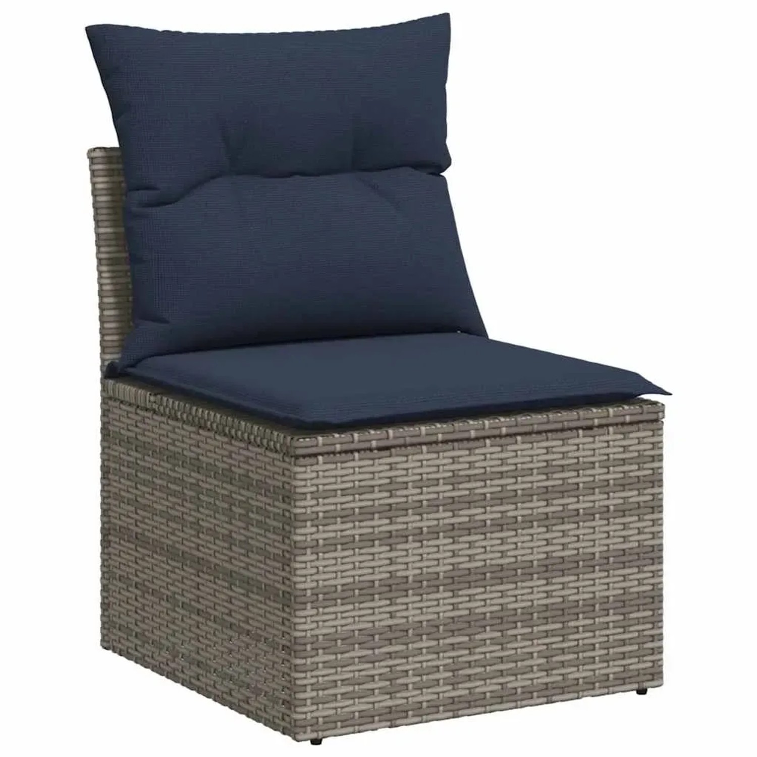 Graues vidaXL Gartensofa aus Rattan mit marineblauen Kissen, Teil einer Sofagarnitur.