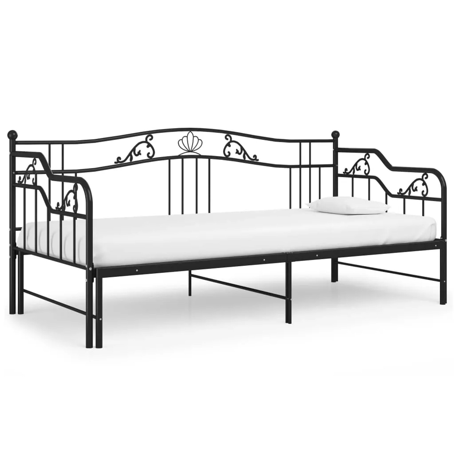 Schwarzes vidaXL Ausziehsofa Bettgestell aus Metall, 90x200 cm. Bett mit Lattenrost und Kopfkissen.