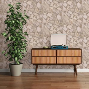 Bricoflor Naturstein Tapete in Beige-Grau mit 3D Bruchstein Optik im Wohnzimmer.