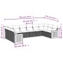 Graue 10-tlg. vidaXL Garten-Sofagarnitur aus Polyrattan mit Kissen und Maßangaben.