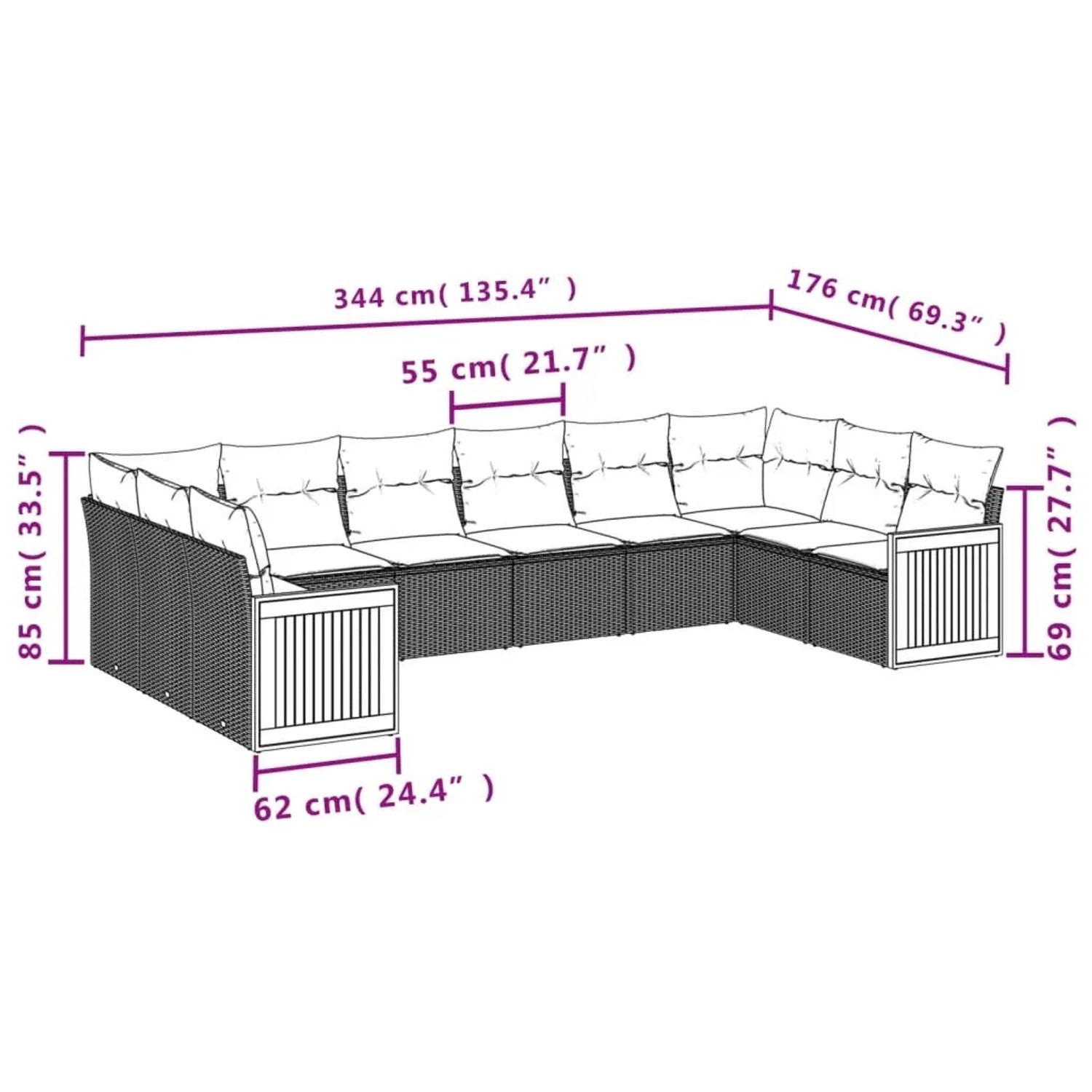 Graue 10-tlg. vidaXL Garten-Sofagarnitur aus Polyrattan mit Kissen und Maßangaben.