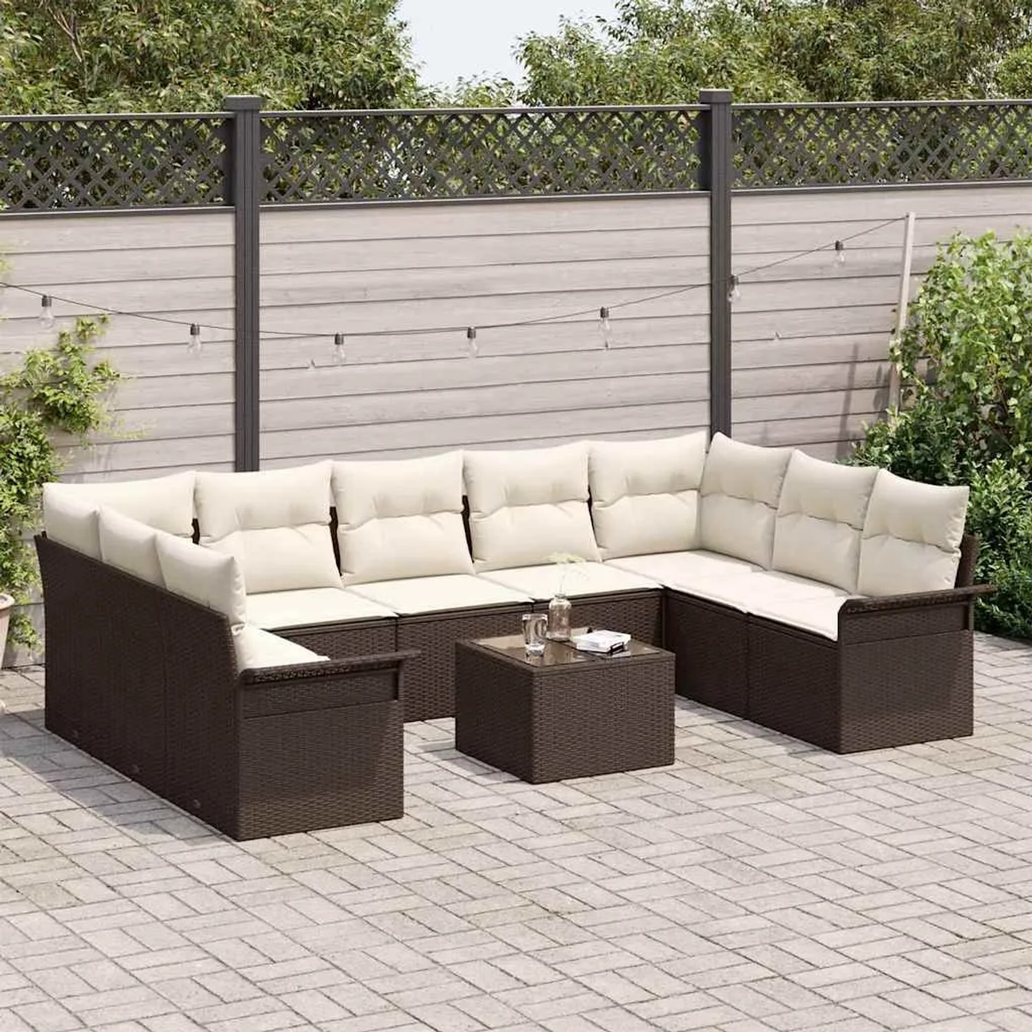 Graues 10-tlg. vidaXL Garten-Sofa-Set aus Polyrattan mit Kissen und Tisch.