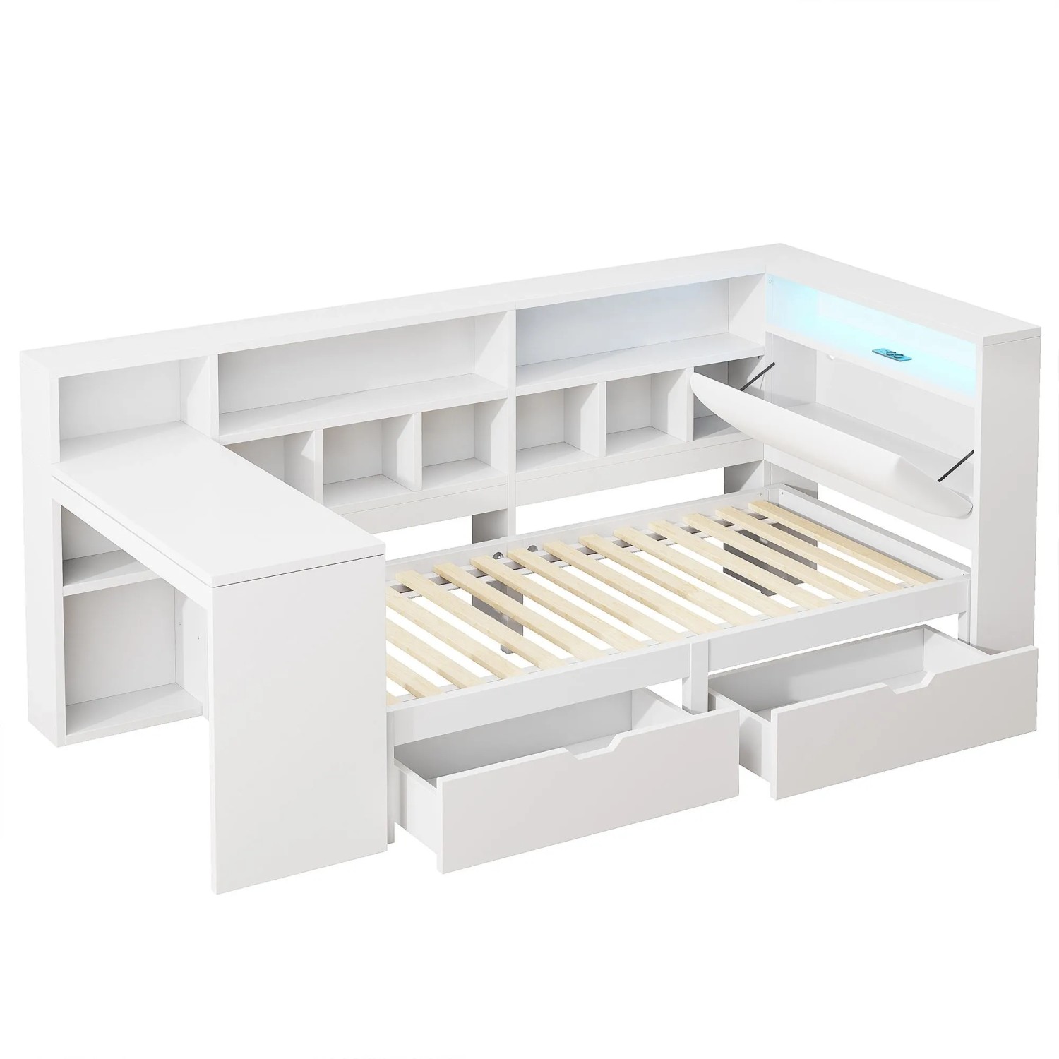 Merax Plattformbett 90x200 cm mit Schreibtisch Bücherregal LED Weiß