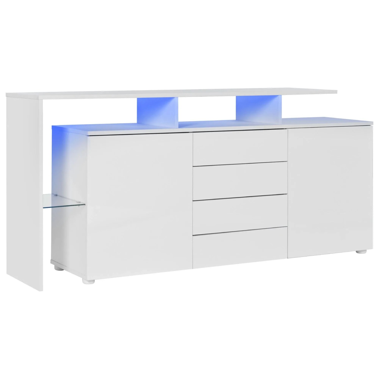 ModernLuxe Sideboard mit 2 Türen 4 Schubladen Led Beleuchtung Ablagen Spanplatte Weiß
