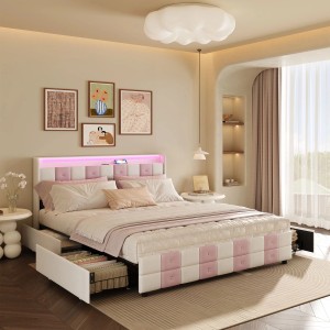 PXloue Polsterbett Stauraumbett 160x200cm mit 4 Schubladen-Kopfteil mit USB und LED-Rosa