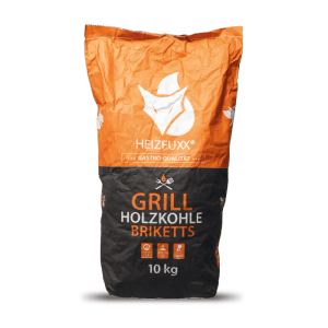 Heizfuxx Grillbriketts 10kg in orange-schwarzem Sack. Hochwertige Holzkohlebriketts für langes Grillvergnügen.