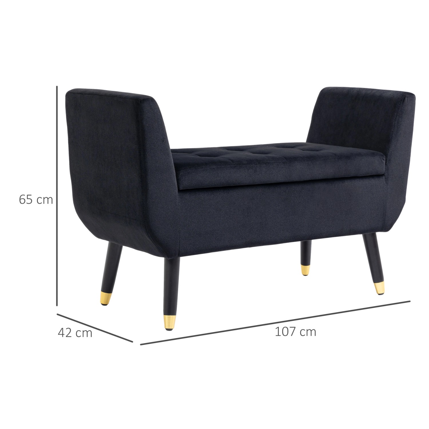Schwarze HOMCOM Sitzbank mit Stauraum, Polyester und Gummiholz, 107x42x65 cm.