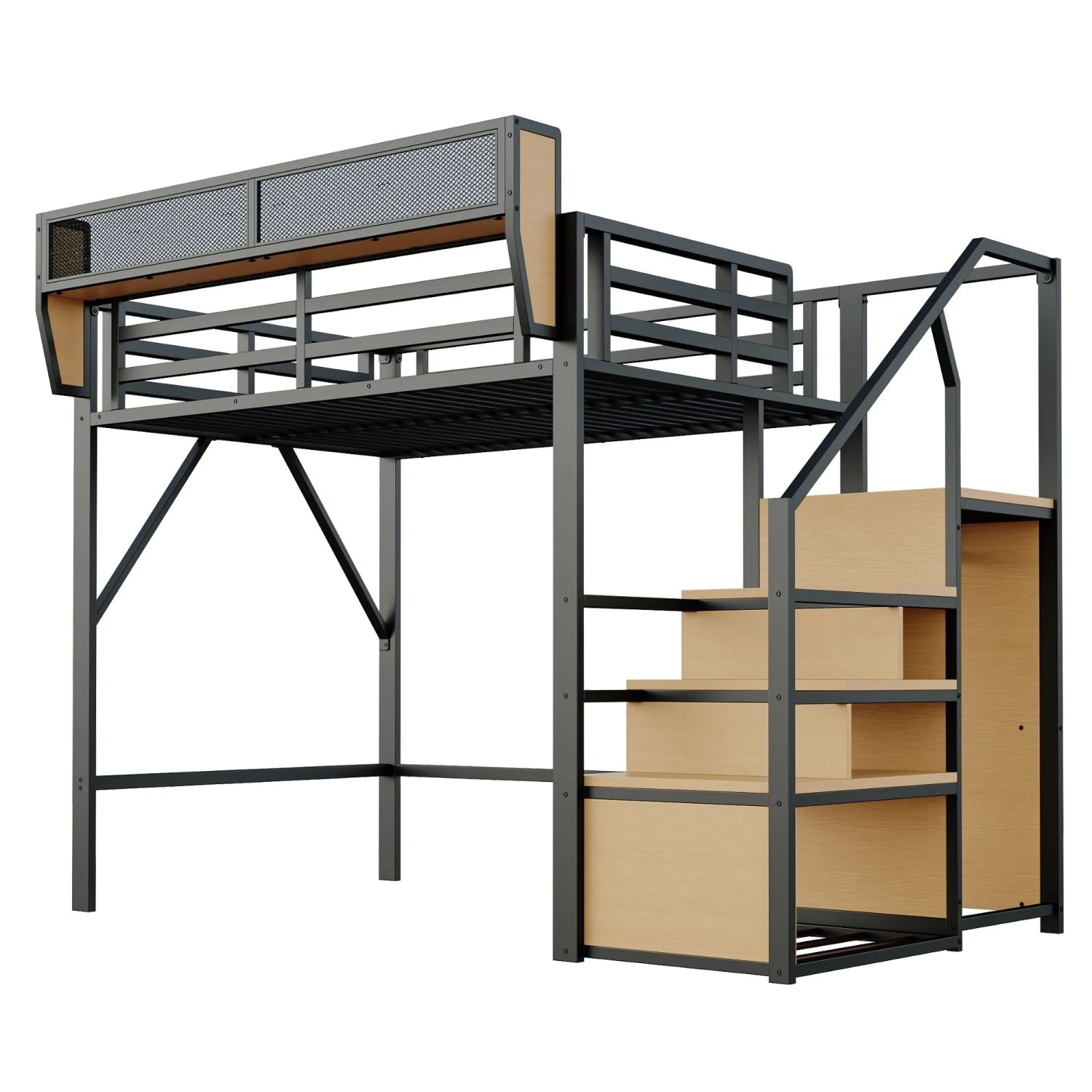 okwish Hochbett 140x200cm mit Sicherheitsleiter und Stauraum Jugendzimmer Schwarz ohne Matratze