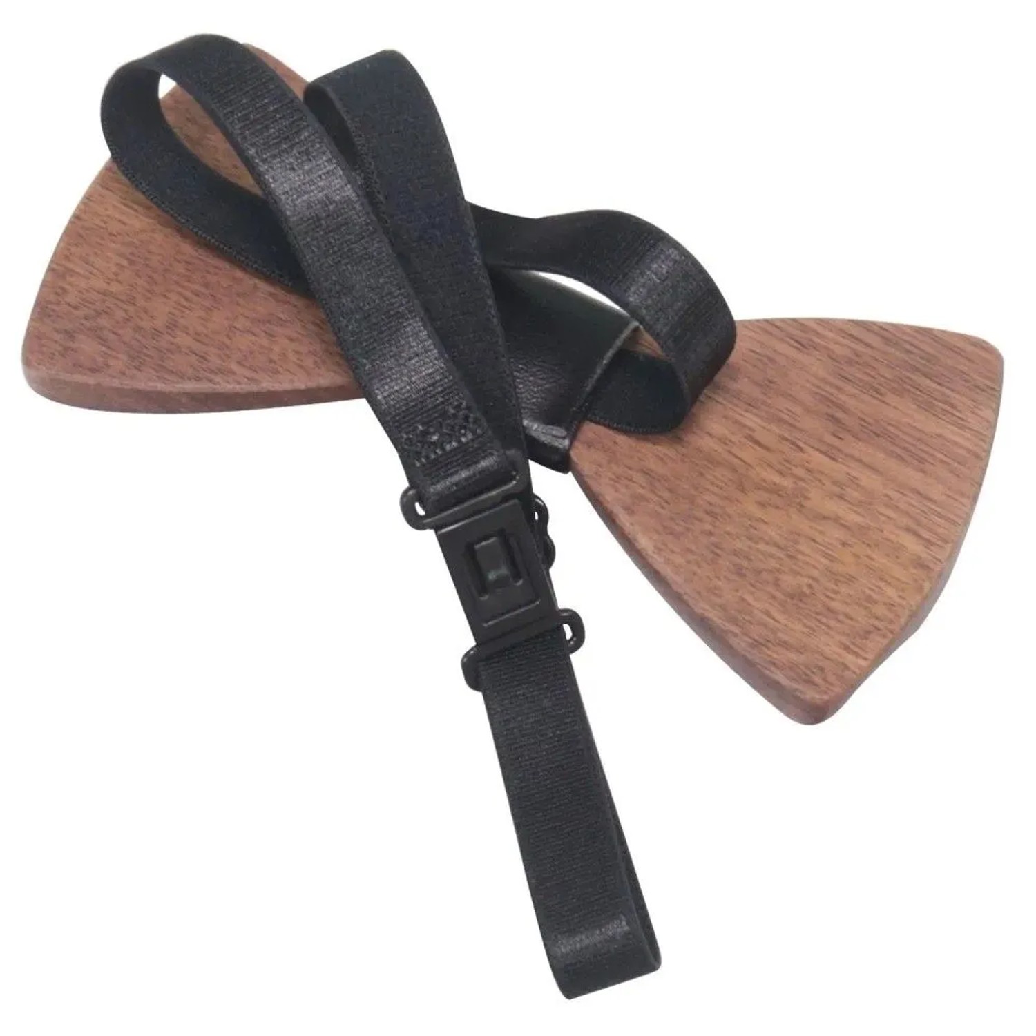 Handgefertigte Holzfliege aus Walnussholz mit schwarzem Kunstleder und verstellbarem Band. Elegantes Accessoire für Männer.