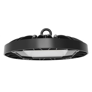 Schwarzer LUXULA LED UFO Hallenstrahler 100W mit Aufhängevorrichtung.