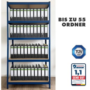 Blaues KARAT Schwerlastregal Odin mit Ordnern, 180x90x40 cm, für hohe Lasten im Lager oder Keller.