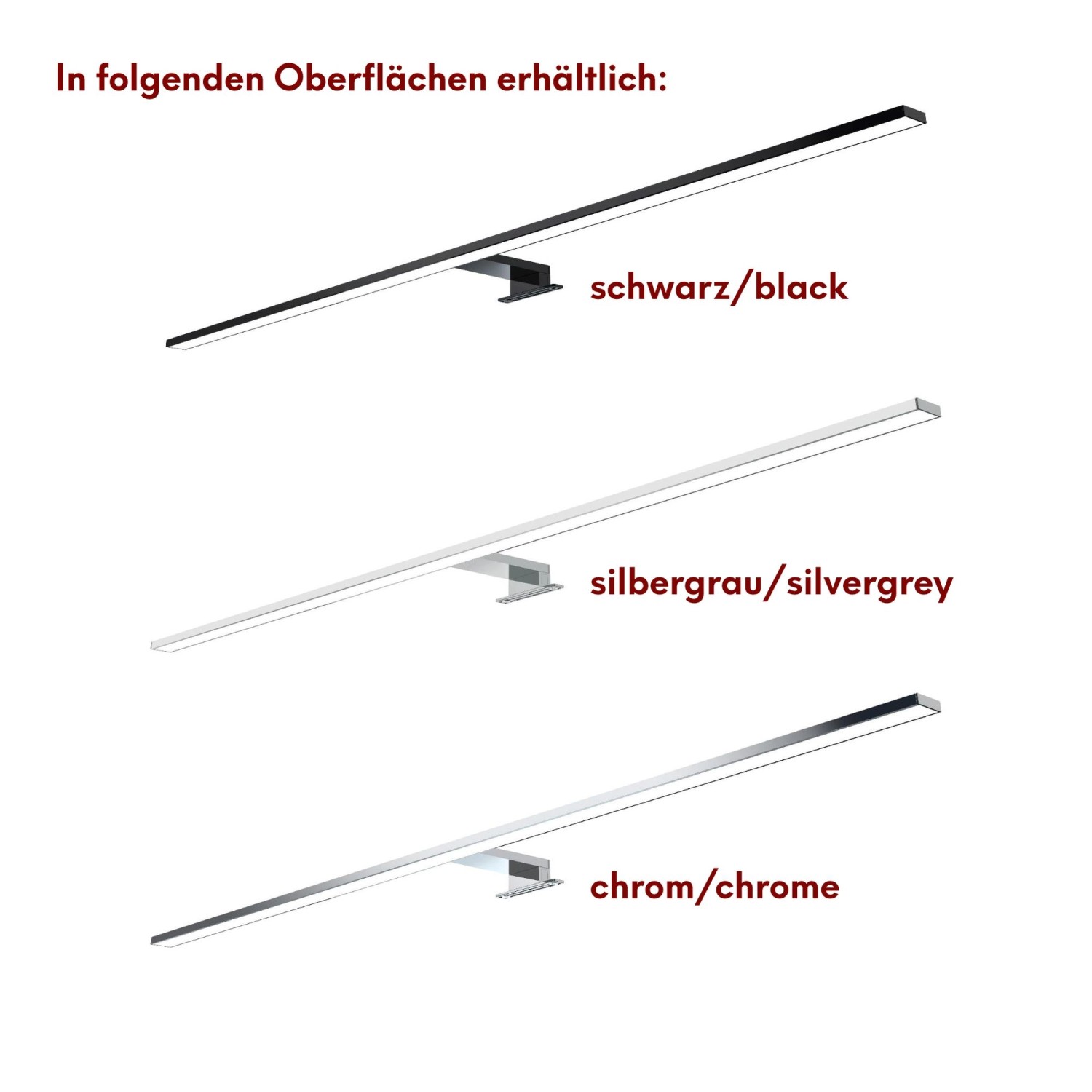 LED Badleuchte kalb 80cm in Schwarz, Silber und Chrom für Spiegelschrank und Wandmontage.
