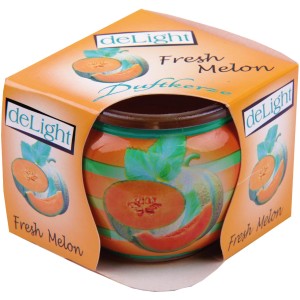 HS Candle Duftkerze Fresh Melon im Glas mit Melonen-Motiv und Verpackung.