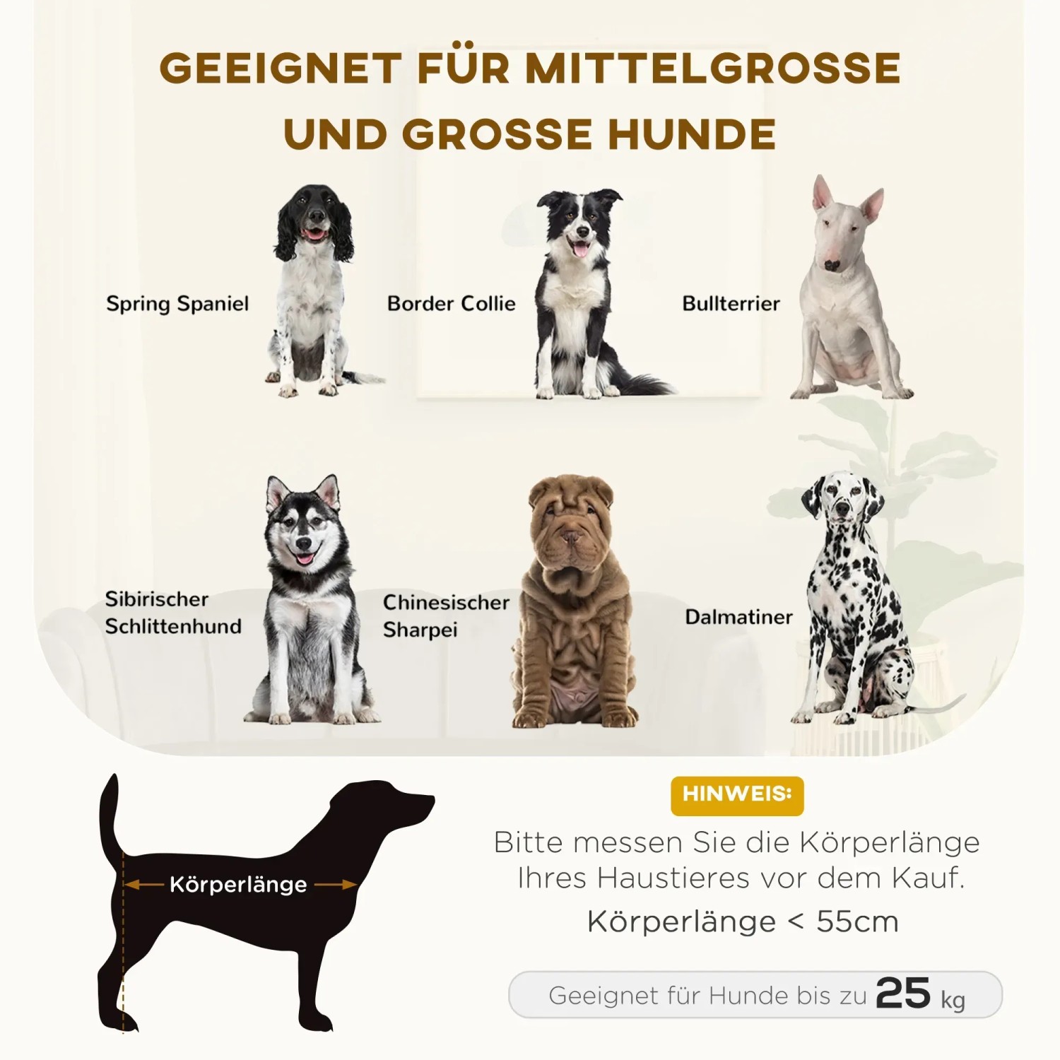 Geeignete Hunderassen für das PawHut Hundesofa bis 25 kg: Spring Spaniel, Border Collie, Bullterrier, Sibirischer Schlittenhund, Sharpei, Dalmatiner.