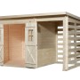 OBI Holz-Gartenhaus Cortina mit Anbau, naturbelassen, mit offenen Doppeltüren und seitlichem Anbau.