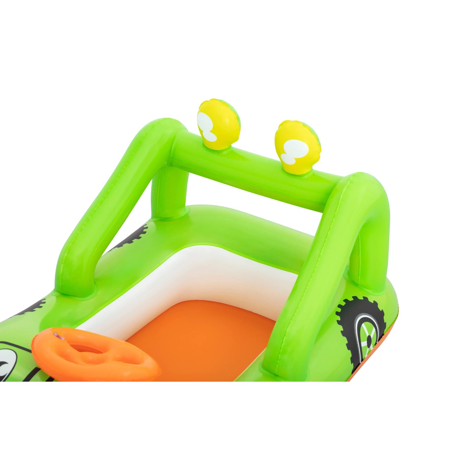 Grünes Bestway Kinder-Schlauchboot Lil' Navigator im Auto-Design mit Lenkrad und gelben Lichtern.