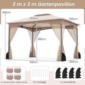 Costway 3 x 3,6 m Gartenpavillon mit 4 Sandsäcken & 4 Moskitonetz Khaki