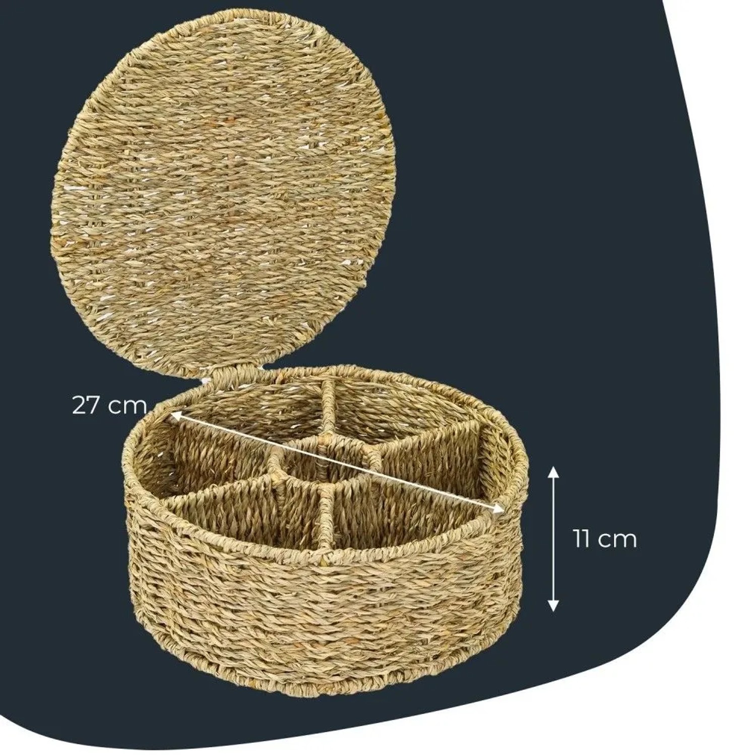 Runde Teebox aus geflochtenem Seegras mit offenem Deckel und 7 Fächern. Ideal zur Aufbewahrung von Teebeuteln. Maße: 27x11 cm.